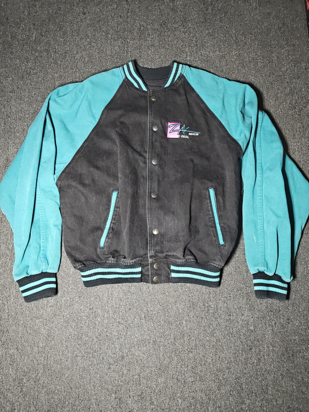 Vintage 90s International Denim Jacket Bomber Snap Up Teal Black Mens Large